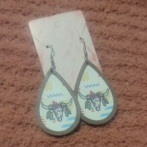 Boho Wood Bull Skull Teardrop Earrings
